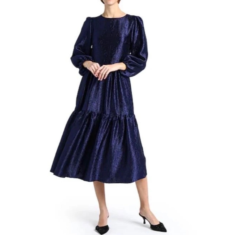 New! Topshop Midnight Blue Metallic Tiered Midi Dress Open Back Long Sleeve Sz 6